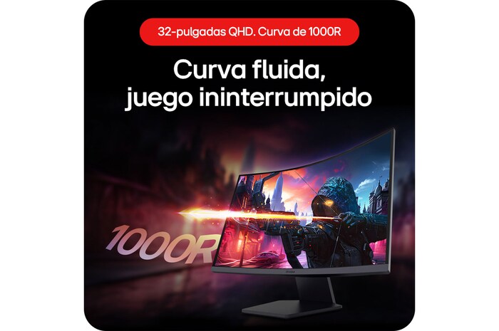 Monitor Gaming Curvo LG UltraGear 32GS60QC, que destaca la curva perfecta de la pantalla QHD 1000R de 32 pulgadas para un juego ininterrumpido.