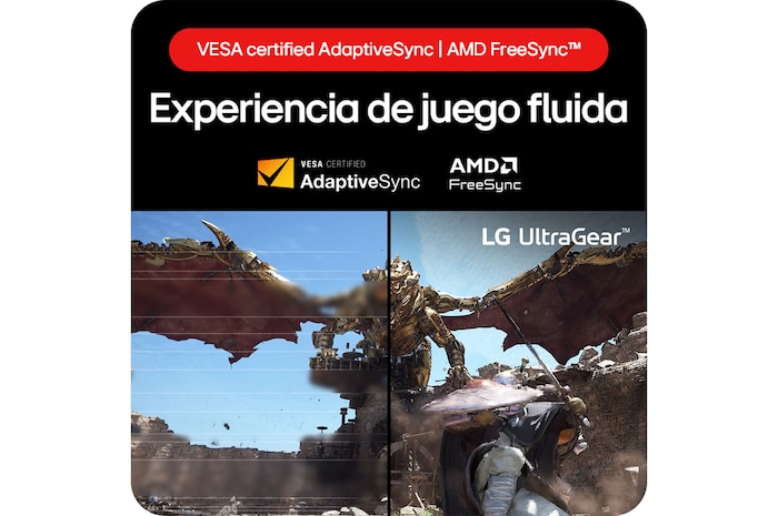 Monitor Gaming LG UltraGear 32GS60QC, que ofrece una experiencia de juego fluida gracias a AdaptiveSync certificado VESA y la tecnología AMD FreeSync™.