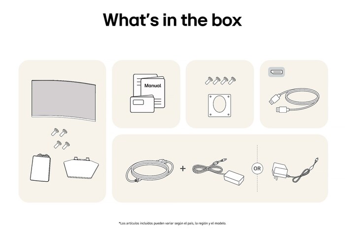  Imagen de los accesorios incluidos con el Monitor LG UltraGear 32GS60QC, detalhando el manual, adaptador de corriente CA y las opções de cable HDMI o DisplayPort incluido.