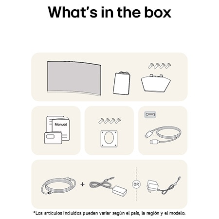  Imagen de los accesorios incluidos con el Monitor LG UltraGear 32GS60QC, detalhando el manual, adaptador de corriente CA y las opções de cable HDMI o DisplayPort incluido.