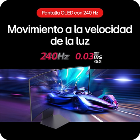 Monitor Gaming LG UltraGear 34GS95QE ofreciendo movimientos increíblemente rápidos en juegos gracias a su tasa de refresco de 240 Hz y tiempo de respuesta de 0.03 ms (GtG).
