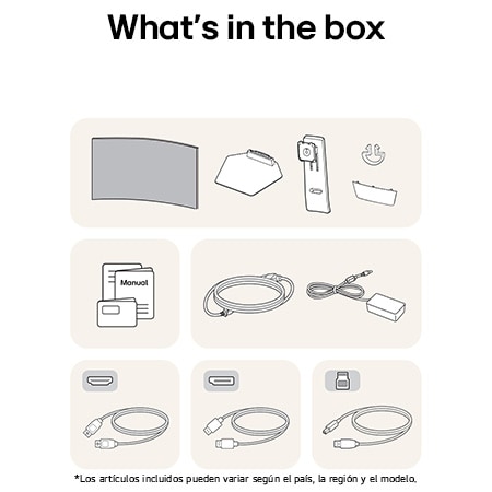 Monitor Gaming LG UltraGear 34GS95QE mostrando un resumen de todos los componentes incluidos, incluyendo cuerpo del monitor, piezas del soporte, manual y cables HDMI, DP y USB.