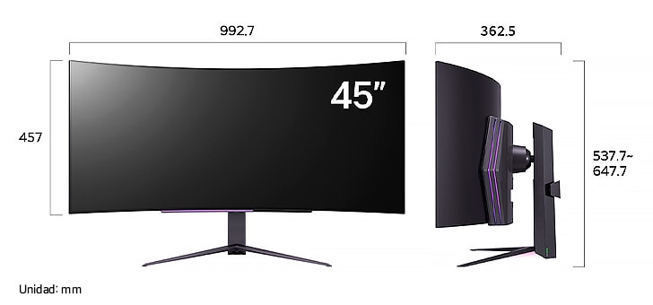 Monitor LG UltraGear 45GS96QB en acabado negro mostrando las dimensiones en vista frontal y lateral, midiendo 992.7 mm de ancho, 457 mm de alto de pantalla, 537.7 - 647.7 mm de altura total y 362.5 mm de profundidad.