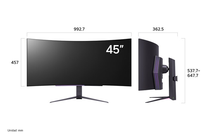 Monitor LG UltraGear 45GS96QB en acabado negro mostrando las dimensiones en vista frontal y lateral, midiendo 992.7 mm de ancho, 457 mm de alto de pantalla, 537.7 - 647.7 mm de altura total y 362.5 mm de profundidad.