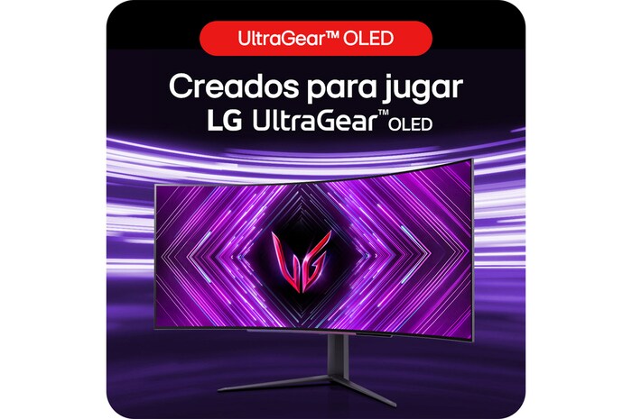 Monitor Gaming LG UltraGear 45GS96QB presentando la pantalla UltraGear™ OLED, diseñada específicamente para experiencias de juego inmersivas.