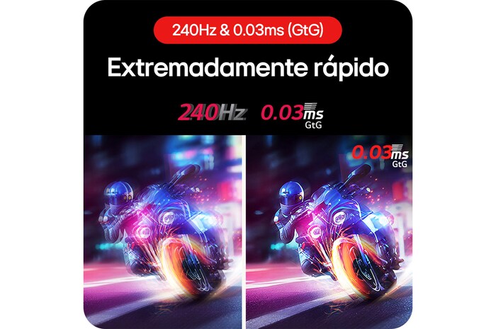 Monitor Gaming LG UltraGear 45GS96QB ofreciendo movimientos increíblemente rápidos en juegos gracias a su tasa de refresco de 240 Hz y tiempo de respuesta de 0.03 ms (GtG).