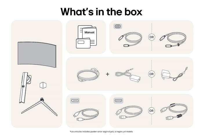 Monitor Gaming LG UltraGear 45GS96QB mostrando un resumen de todos los componentes incluidos, incluyendo cuerpo del monitor, piezas del soporte, manual y cables HDMI, DP y USB.