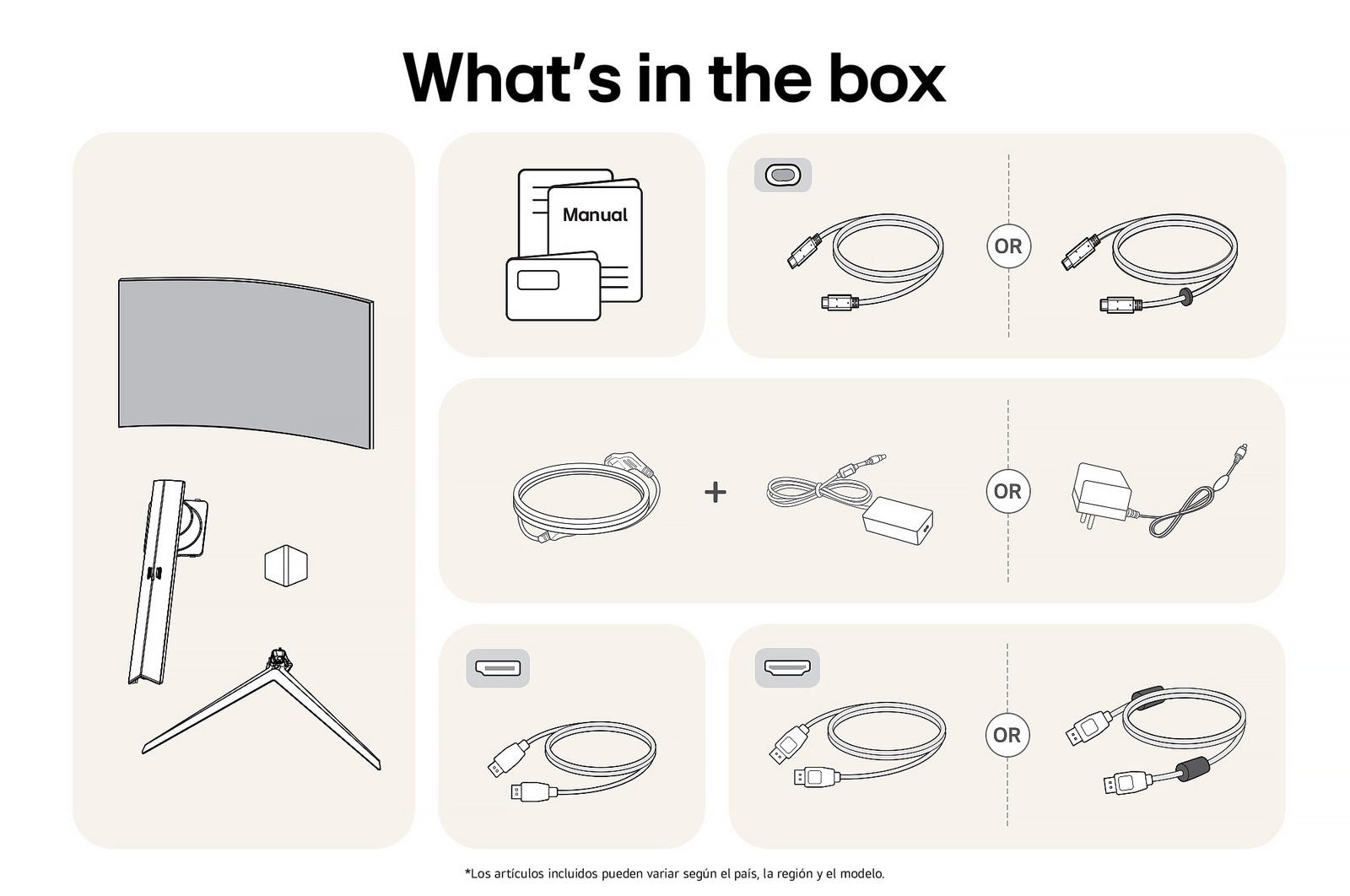 Monitor Gaming LG UltraGear 45GS96QB mostrando un resumen de todos los componentes incluidos, incluyendo cuerpo del monitor, piezas del soporte, manual y cables HDMI, DP y USB.