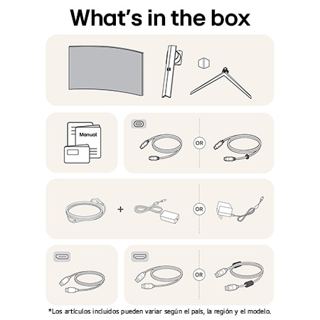 Monitor Gaming LG UltraGear 45GS96QB mostrando un resumen de todos los componentes incluidos, incluyendo cuerpo del monitor, piezas del soporte, manual y cables HDMI, DP y USB.