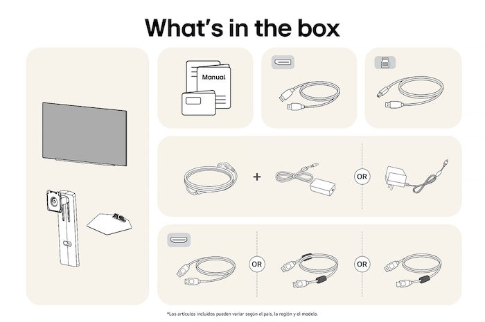 Monitor LG 27GX790A mostrando un resumen de todos los componentes incluidos, incluyendo cuerpo del monitor, piezas del soporte, manual, adaptador de corriente y cables HDMI y DP.