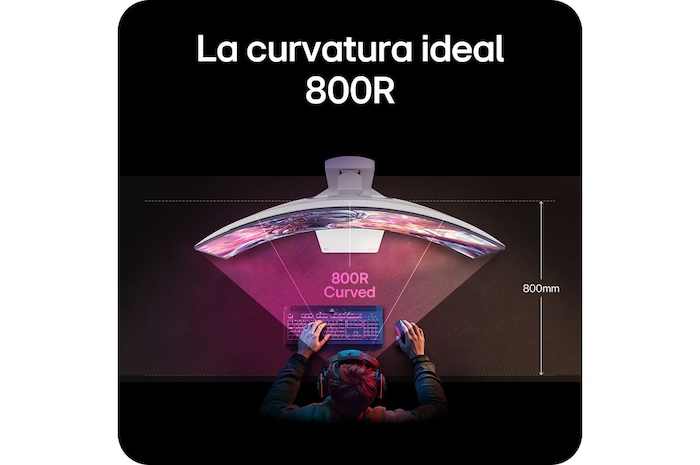 Monitor LG 34GX90SA demostrando la curvatura óptima de 800R, que envuelve el campo de visión del usuario y proporciona máxima inmersión para jugar.