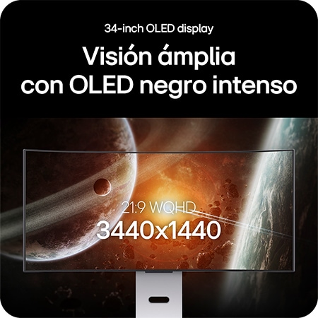 Monitor LG 34GX90SA presenta la pantalla OLED UltraWide de 34 pulgadas, destacando la resolución 21:9 WQHD (3440x1440) y la tecnología OLED de negro profundo para imágenes asombrosas.