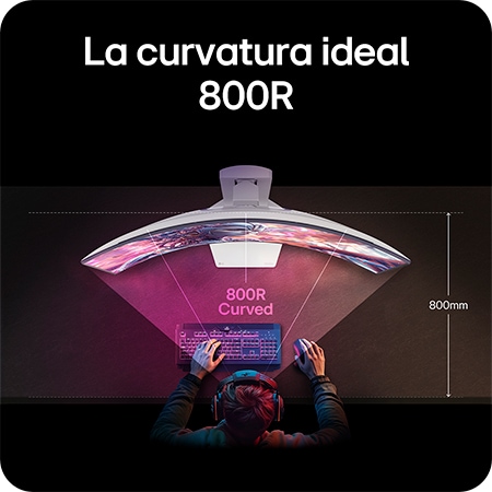 Monitor LG 34GX90SA demostrando la curvatura óptima de 800R, que envuelve el campo de visión del usuario y proporciona máxima inmersión para jugar.