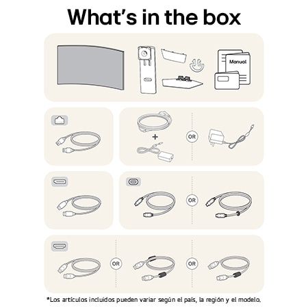 Monitor LG 34GX90SA mostrando un resumen de todos los componentes incluidos, incluyendo cuerpo del monitor, soporte, manual, adaptador de corriente y cables USB-C, DP y HDMI.