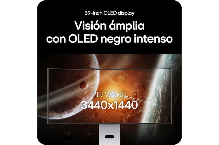 Monitor LG 39GX90SA presenta la pantalla OLED UltraWide de 39 pulgadas, destacando la resolución 21:9 WQHD (3440x1440) y la tecnología OLED de negro profundo para imágenes asombrosas.