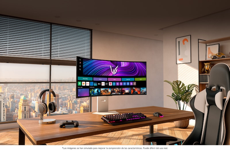 Monitor LG 39GX90SA en diseño blanco ubicado en el centro de un escritorio moderno, mostrando la interfaz webOS con aplicaciones de juegos y streaming para un uso versátil.