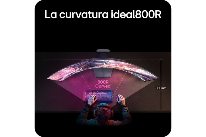 Monitor LG 45GX90SA-B demostrando la curvatura óptima de 800R, que envuelve el campo de visión del usuario y proporciona máxima inmersión para jugar.