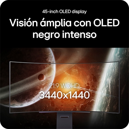 Monitor LG 45GX90SA-B presenta la pantalla OLED UltraWide de 45 pulgadas, destacando la resolución 21:9 WQHD (3440x1440) y la tecnología OLED de negro profundo para imágenes asombrosas.