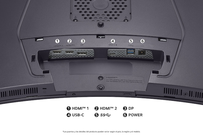 Vista trasera del Monitor LG 45GX950A en acabado oscuro, mostrando las especificaciones de los puertos: dos puertos HDMI™, DP, USB-C y una conexión USB.