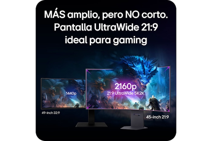 Monitor LG 45GX950A presenta el punto óptimo gaming 21:9 UltraWide 5K2K (5120x2160), demostrando la superioridad visual en comparación con un monitor 32:9.