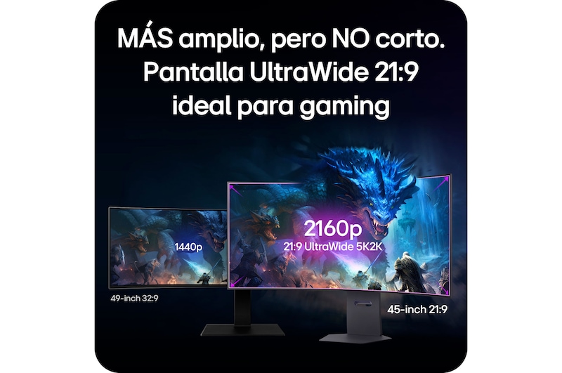 Monitor LG 45GX950A presenta el punto óptimo gaming 21:9 UltraWide 5K2K (5120x2160), demostrando la superioridad visual en comparación con un monitor 32:9.