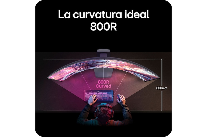  Monitor LG 45GX950A demostrando la curvatura ideal de 800R, que envuelve el campo de visión del usuario y proporciona máxima inmersión para jugar.