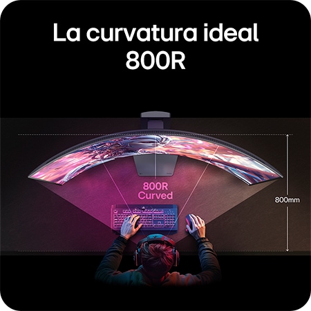  Monitor LG 45GX950A demostrando la curvatura ideal de 800R, que envuelve el campo de visión del usuario y proporciona máxima inmersión para jugar.