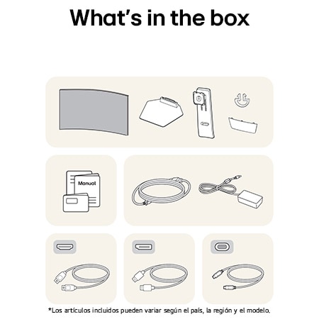 Monitor LG 45GX950A mostrando un resumen de todos los componentes incluidos, incluyendo cuerpo del monitor, soporte, manual, adaptador de corriente y cables HDMI, DP y USB-C.