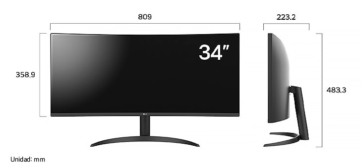 Monitor LG 34WR50QK en acabado negro mostrando las dimensiones en vista frontal y lateral, midiendo 809 mm de ancho, 358.9 mm de alto de pantalla, 483.3 mm de altura total y 223.2 mm de profundidad.