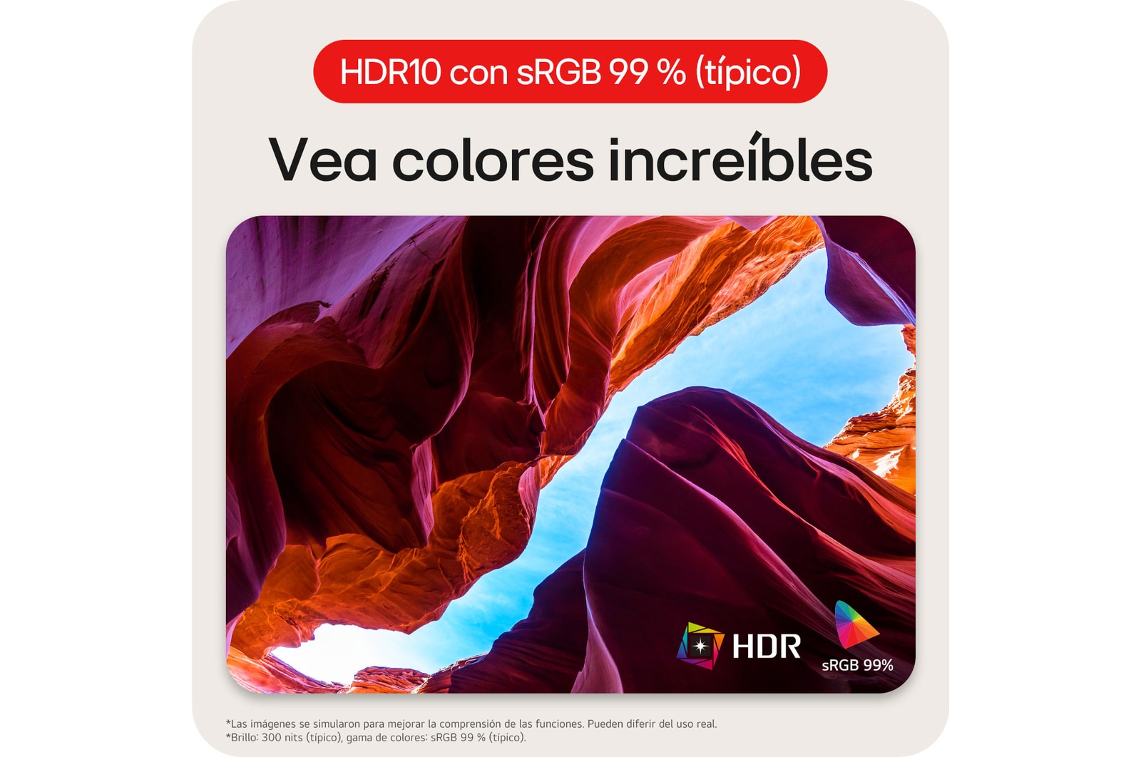 Monitor LG 34WR50QK permitiendo ver colores impresionantes gracias al soporte HDR10 y a la cobertura de 99% sRGB (Típ.) de la gama de colores.