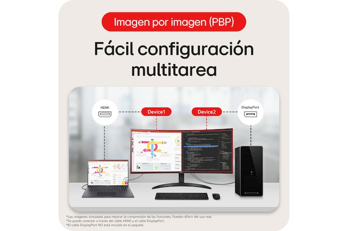 Monitor LG 34WR50QK mostrando la tecnología Picture-by-Picture (PBP), que permite una configuración sencilla de multitaera con dos dispositivos separados.