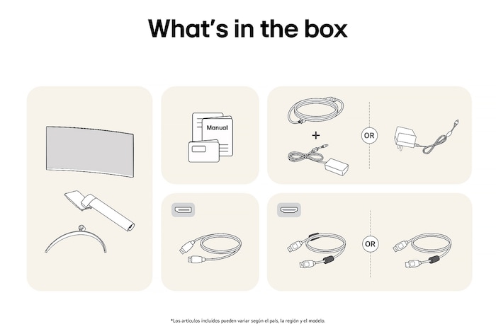 Monitor LG 34WR50QK mostrando un resumen de todos los componentes incluidos, incluyendo cuerpo del monitor, piezas del soporte, manual y cables HDMI, DP y de alimentación.