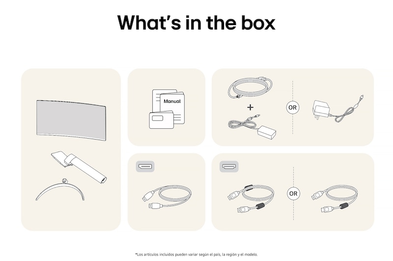Monitor LG 34WR50QK mostrando un resumen de todos los componentes incluidos, incluyendo cuerpo del monitor, piezas del soporte, manual y cables HDMI, DP y de alimentación.