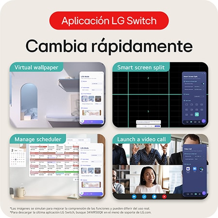 Monitor LG 34WR50QK demostrando la App LG Switch para la conmutación rápida entre fondos virtuales, Smart Screen Split, gestión de calendario y videollamadas.