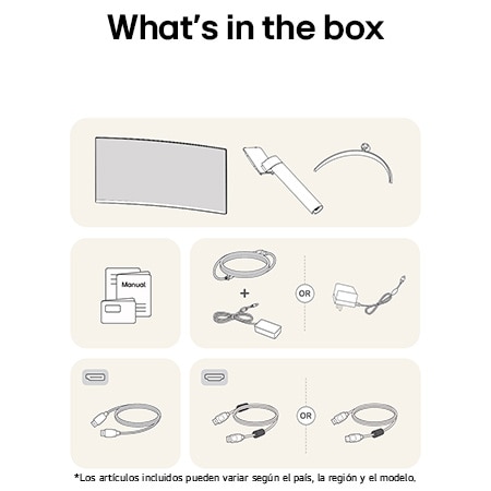 Monitor LG 34WR50QK mostrando un resumen de todos los componentes incluidos, incluyendo cuerpo del monitor, piezas del soporte, manual y cables HDMI, DP y de alimentación.