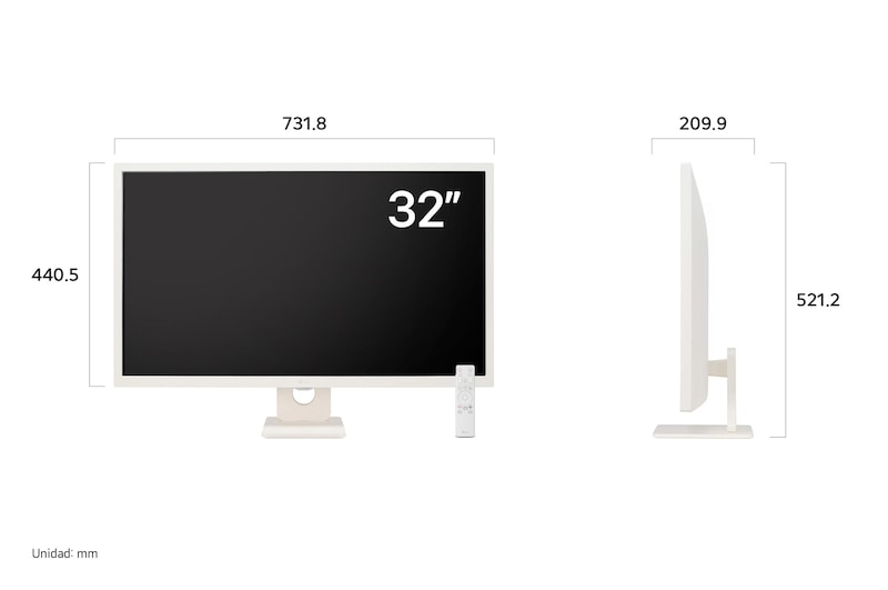 Monitor Inteligente LG 32SR50F en acabado blanco mostrando las dimensiones, midiendo 731.8 mm de ancho, 440.5 mm de alto de pantalla, 521.2 mm de altura total y 209.9 mm de profundidad.