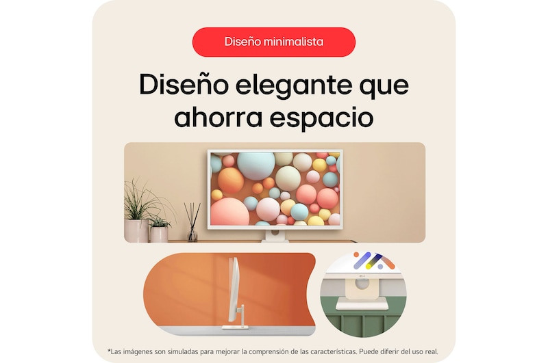 Monitor Inteligente LG 32SR50F en acabado blanco, exhibiendo su diseño de ahorro de espacio con bisel delgado en 3 lados y una base de soporte cuadrada y limpia.