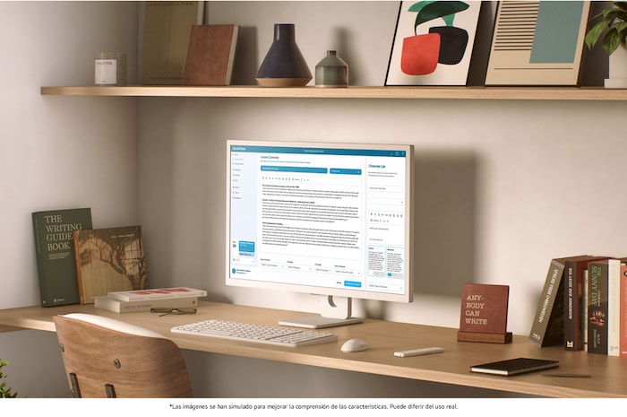 Monitor Inteligente LG 32SR50F en acabado blanco, con diseño elegante que se integra perfectamente en una oficina en casa moderna y se utiliza para la productividad.