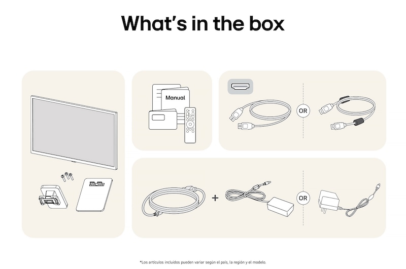 Monitor Inteligente LG 32SR50F en acabado blanco mostrando un resumen de todos los componentes de la caja, incluyendo cuerpo del monitor, base, manual, control remoto y cable HDMI.