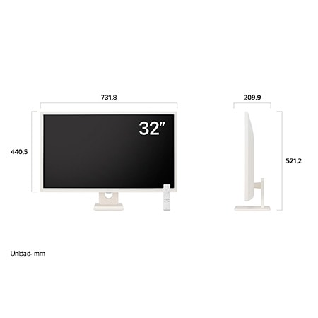 Monitor Inteligente LG 32SR50F en acabado blanco mostrando las dimensiones, midiendo 731.8 mm de ancho, 440.5 mm de alto de pantalla, 521.2 mm de altura total y 209.9 mm de profundidad.