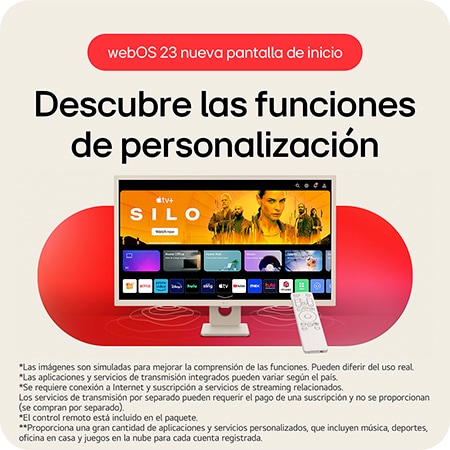 Monitor Inteligente LG 32SR50F en acabado blanco, con la plataforma inteligente webOS 23, que permite el acceso a aplicaciones de streaming y contenido personalizado mediante un control remoto.