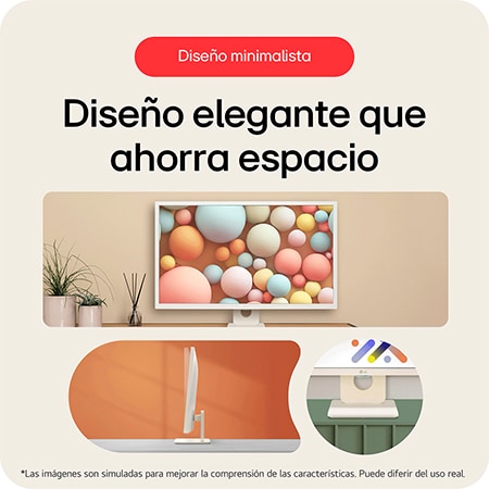 Monitor Inteligente LG 32SR50F en acabado blanco, exhibiendo su diseño de ahorro de espacio con bisel delgado en 3 lados y una base de soporte cuadrada y limpia.