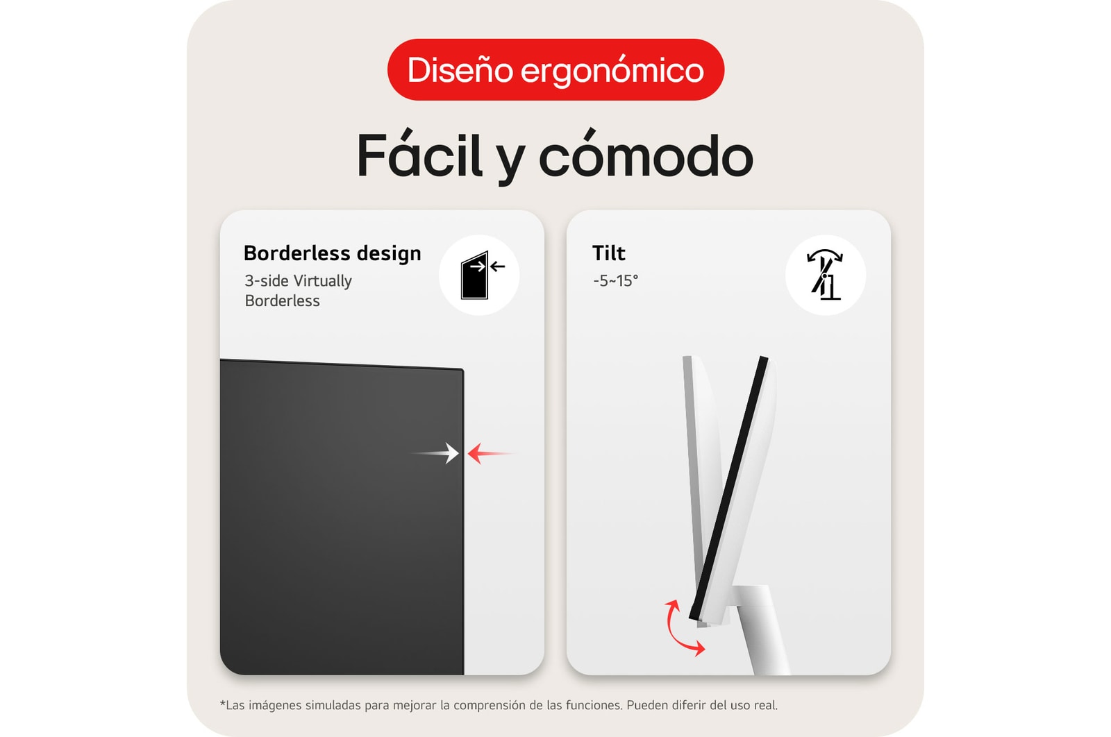 Monitor LG 27US500 con diseño sin bordes en 3 lados y función de inclinación ergonómica (de −5∘ a 15∘), ofreciendo una experiencia cómoda y sencilla.
