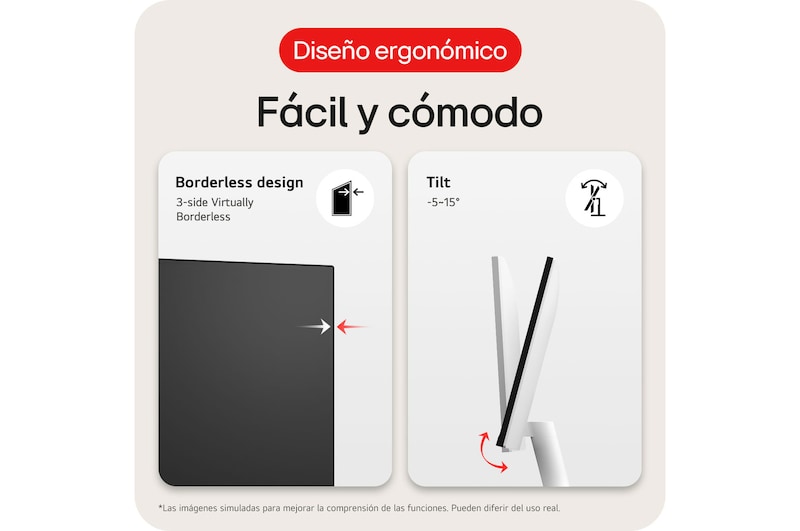 Monitor LG 27US500 con diseño sin bordes en 3 lados y función de inclinación ergonómica (de −5∘ a 15∘), ofreciendo una experiencia cómoda y sencilla.