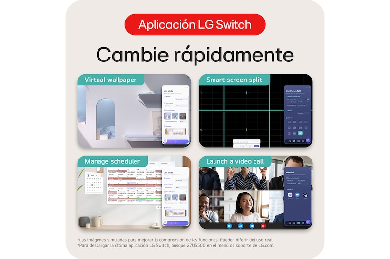 Monitor LG 27US500 con la App LG Switch para multitarea rápida, incluyendo división de pantalla inteligente, gestión de horarios e inicio de videollamadas.