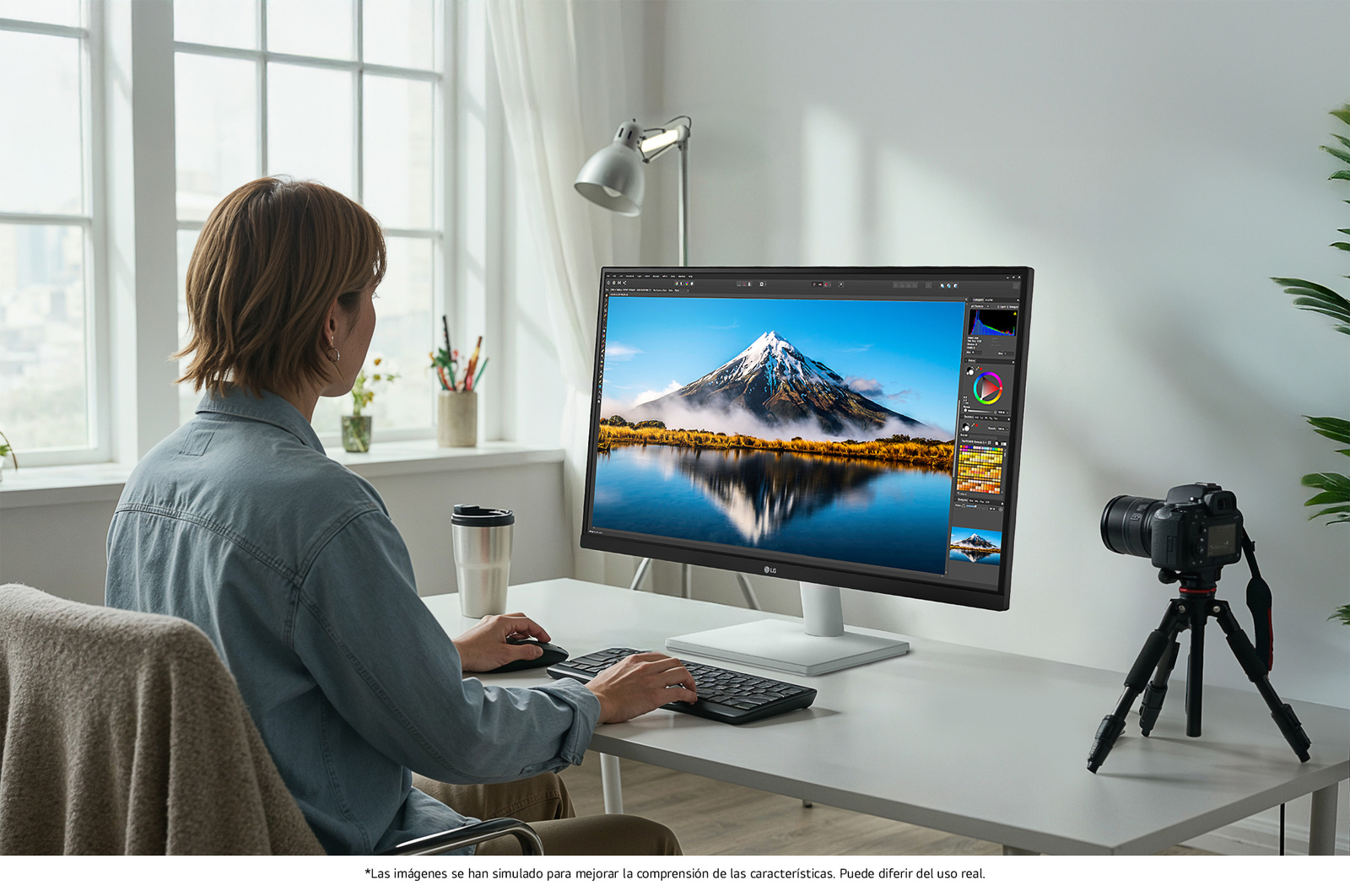 Monitor LG 27US500 en acabado blanco con resolución 4K UHD, siendo utilizado para la edición profesional de fotografías de un paisaje detallado en una oficina en casa luminosa.