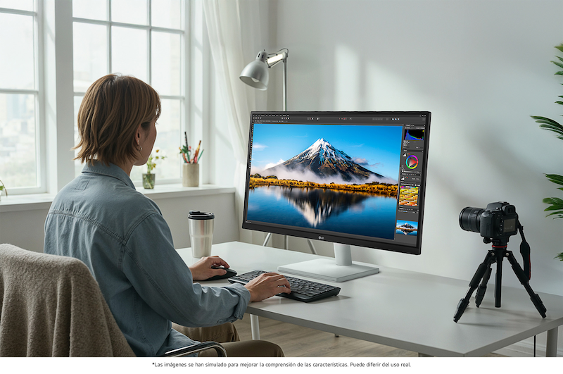Monitor LG 27US500 en acabado blanco con resolución 4K UHD, siendo utilizado para la edición profesional de fotografías de un paisaje detallado en una oficina en casa luminosa.