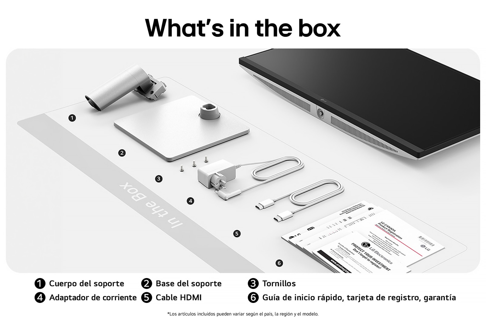 Monitor LG 27US500 mostrando un resumen de todos los componentes de la caja, incluyendo cuerpo del monitor, base, manual, cable HDMI y adaptador de corriente.