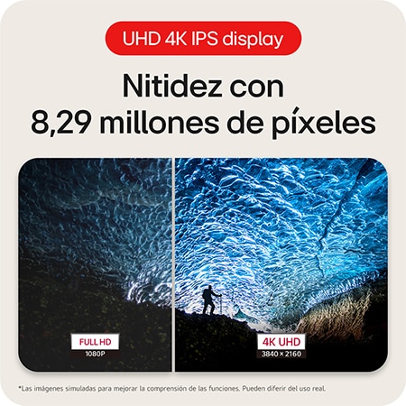 Monitor LG 27US500 con Pantalla IPS 4K UHD, que ofrece claridad con 8.29 millones de píxeles, mostrando un detalle superior en comparación con Full HD.