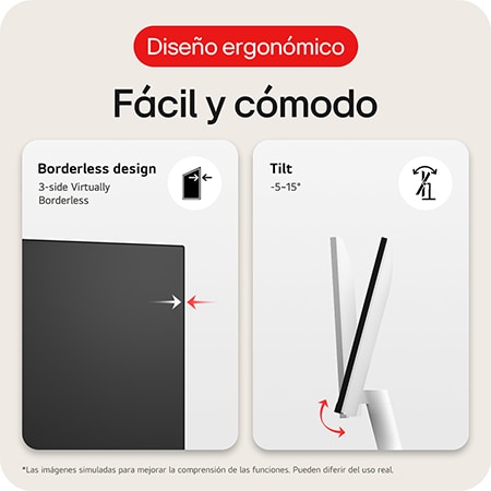 Monitor LG 27US500 con diseño sin bordes en 3 lados y función de inclinación ergonómica (de −5∘ a 15∘), ofreciendo una experiencia cómoda y sencilla.
